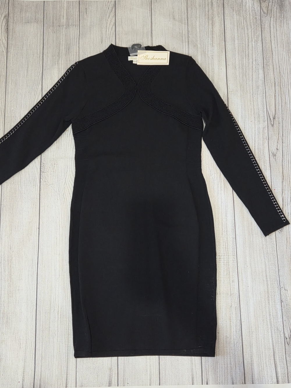 Shoshanna Black Long Sleeve Chain-Trim Bodycon Dress